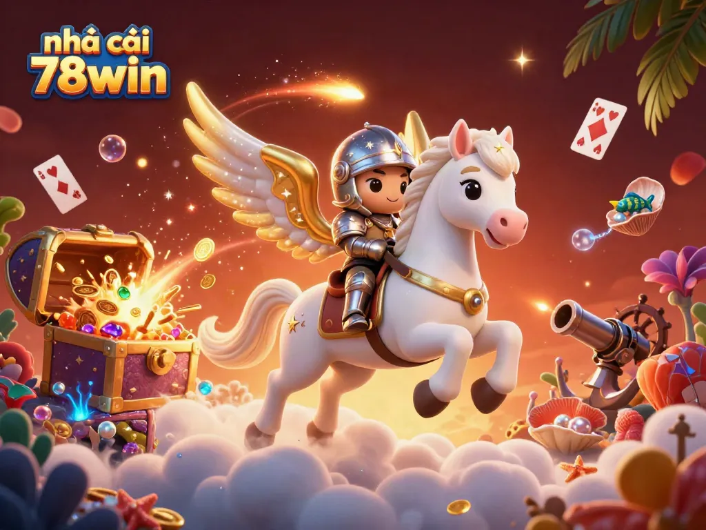 Engaging scene showcasing nhà cái 78win with a celestial horse and treasure elements representing exciting gaming.