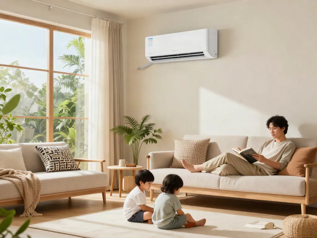 Ductless air conditioner mini in cozy living room, family enjoying time together with modern decor.