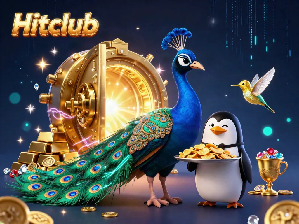 Hitclub showcases a vibrant 3D casino illustration with peacock and butler, gleaming gold treasures, and dynamic energy.