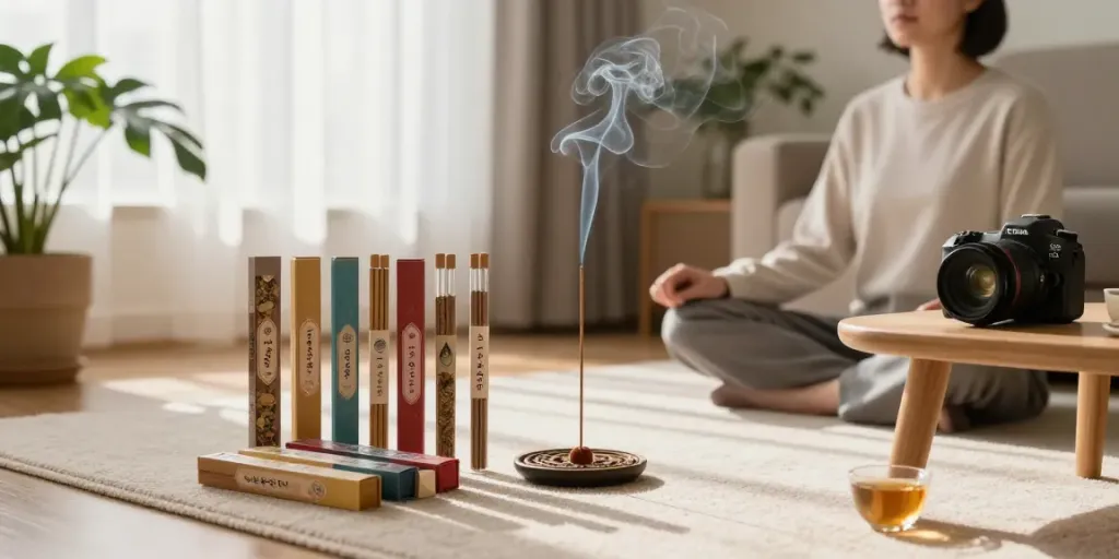 Peaceful scene of herbal incense for sale in a cozy meditation space.